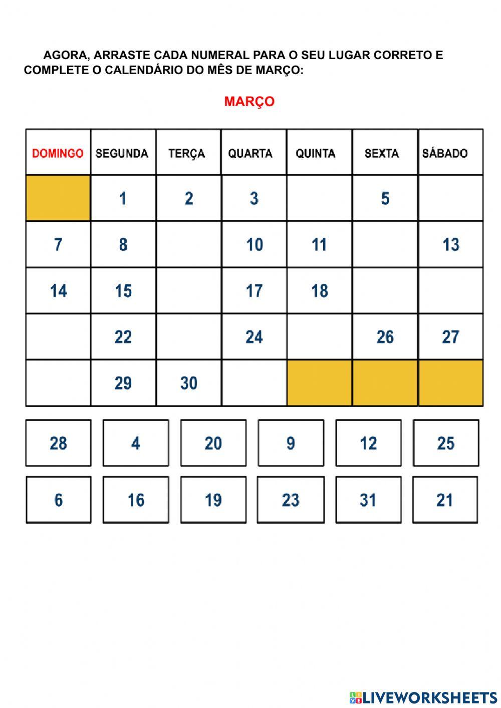Calendário março 2021