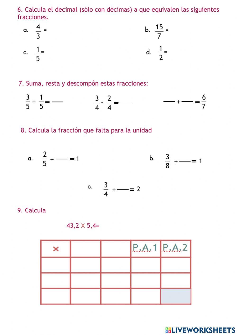 Examen de fracciones1. Trimestre2.QUINTO
