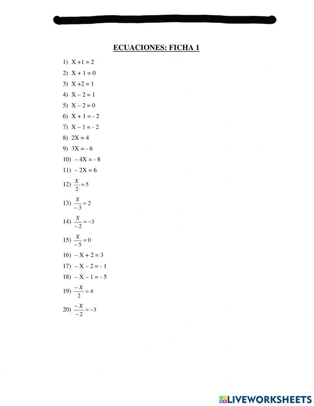 Ecuaciones primer grado activity live worksheets