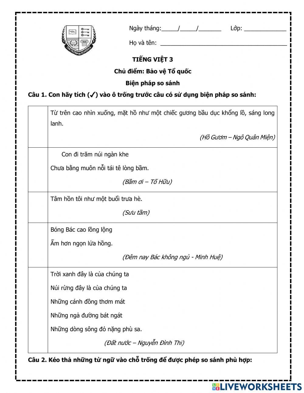 Phiếu bài tập so sánh