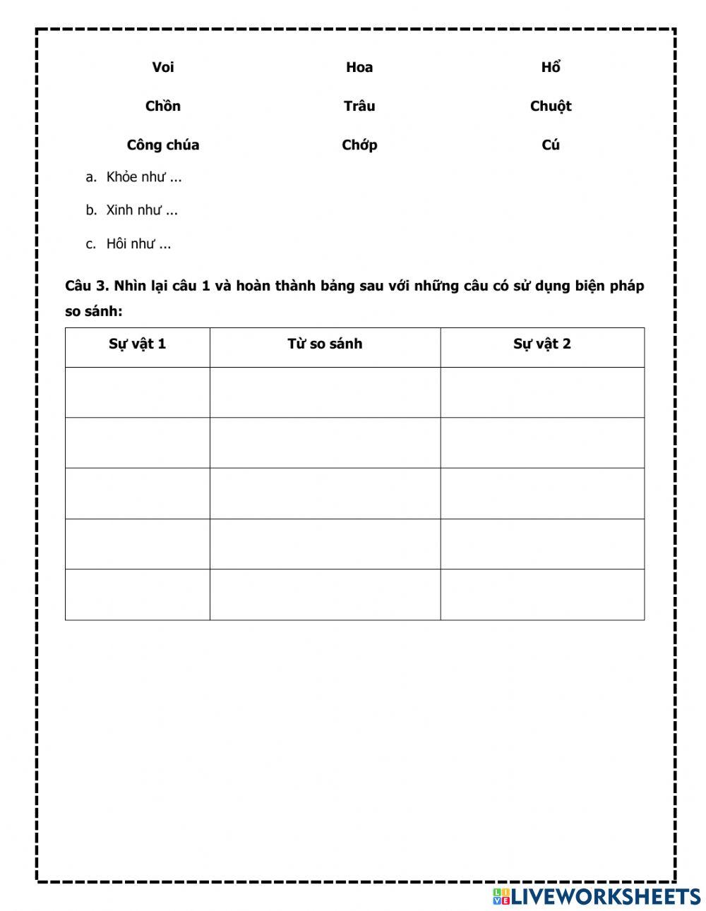 Phiếu bài tập so sánh