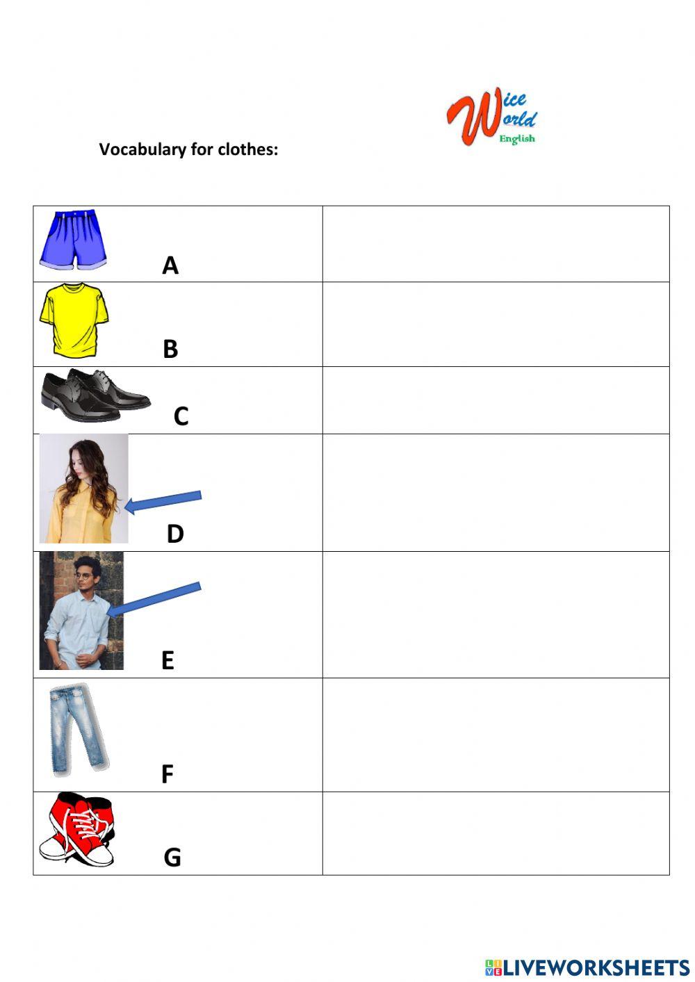 Vocabulary for clothes