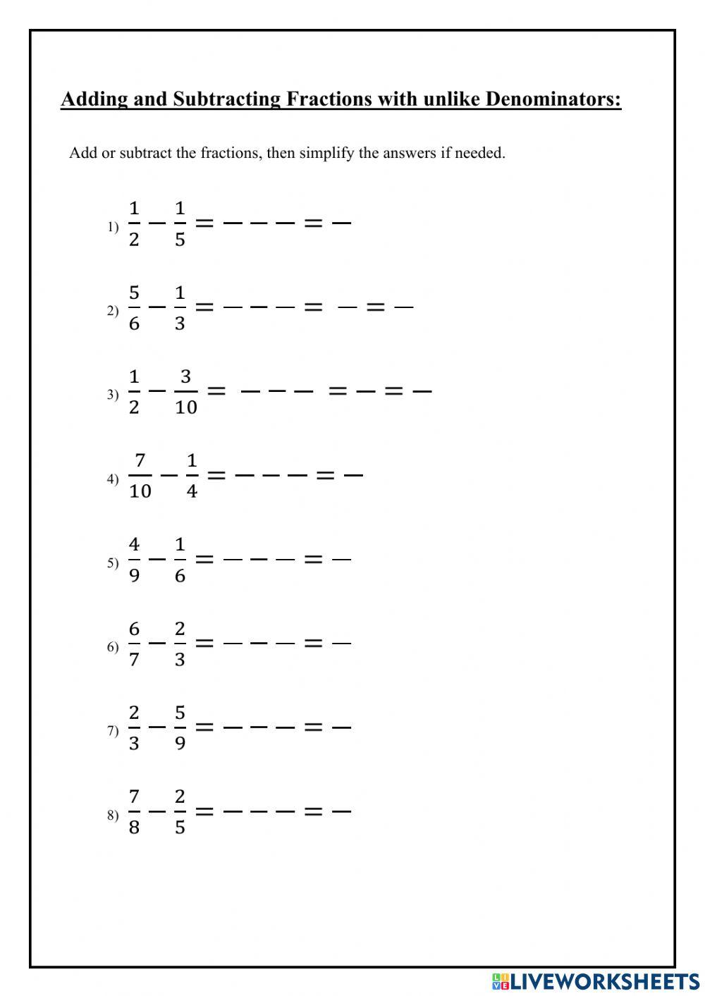 Subtracting fractions with unlike denominators