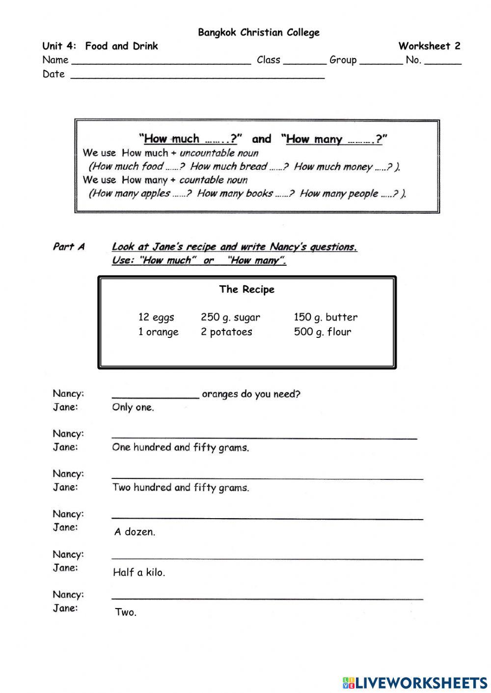 Unit 4: Food and Drink Worksheet 2