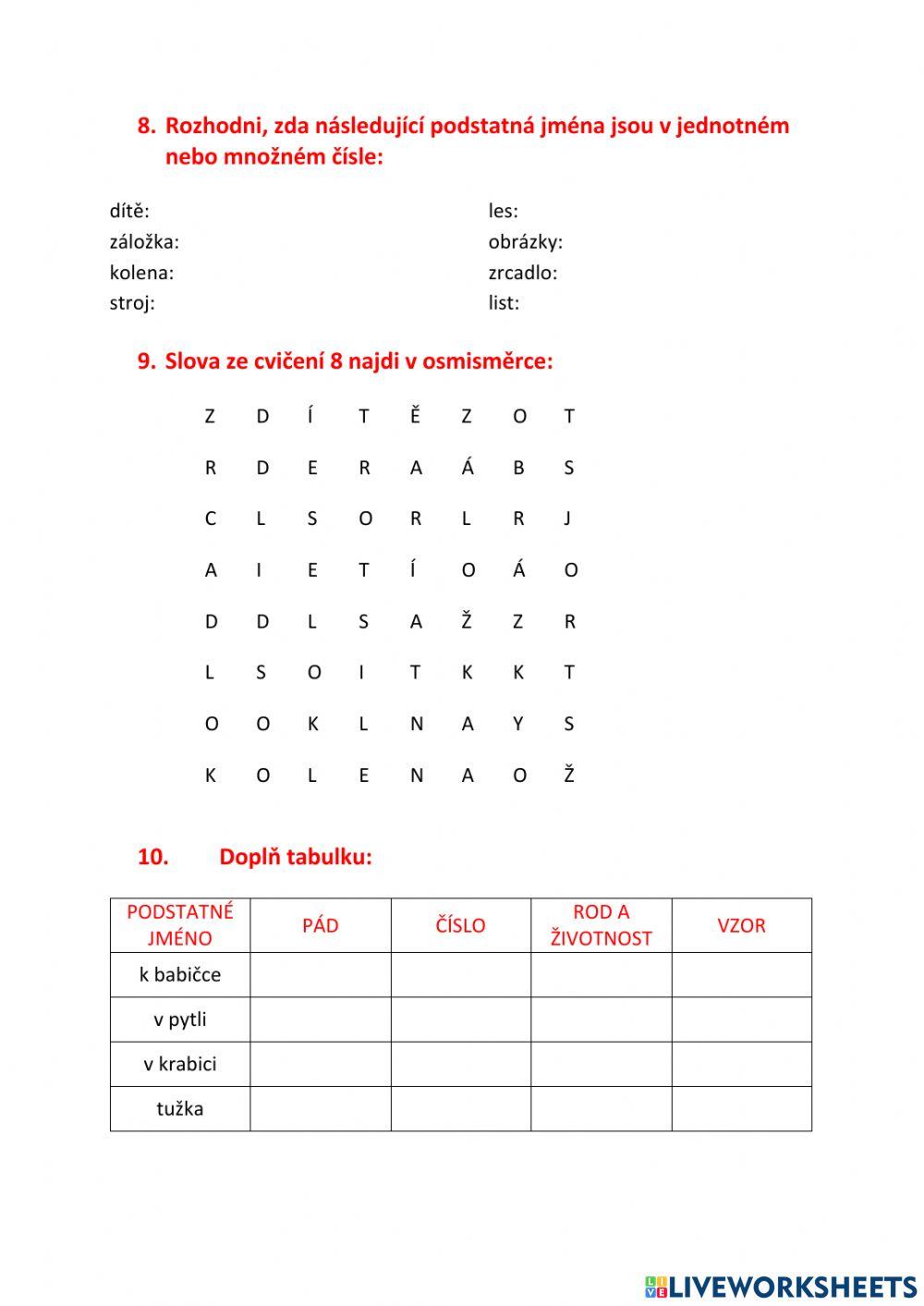 Podstatná jména - pracovní list