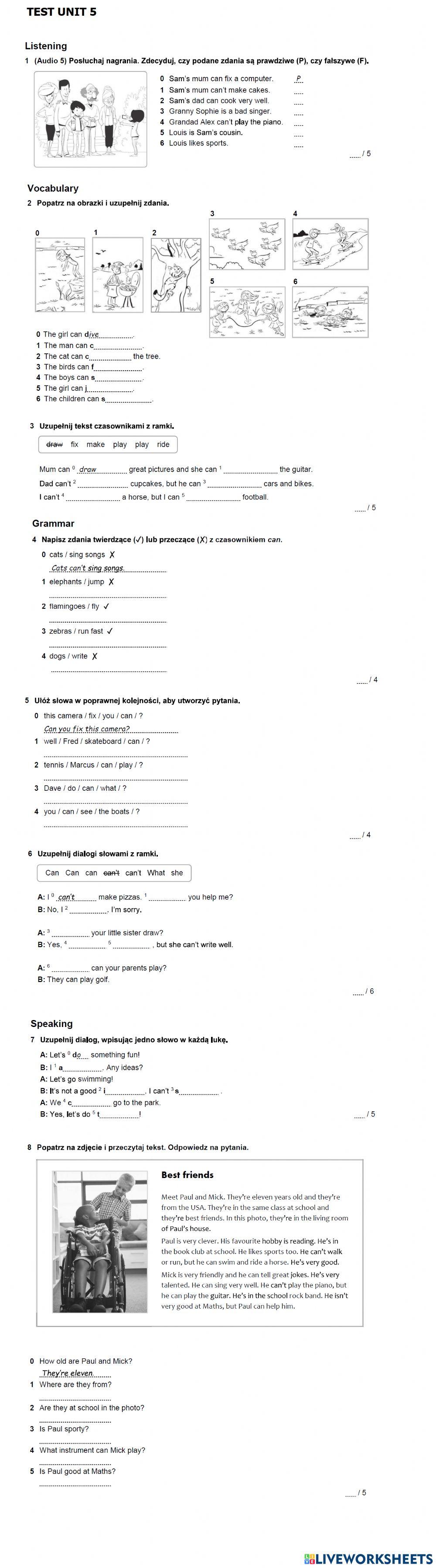 English Class A1 Unit 5 test
