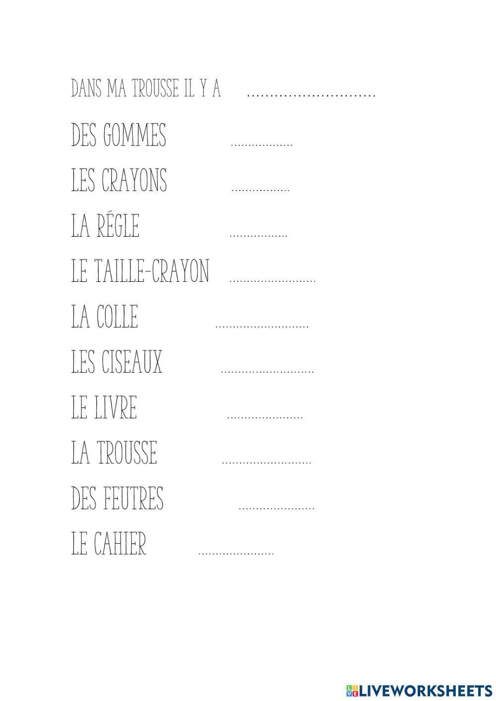 FRANÇAIS. LE MATERIEL ESCOLAIRE.