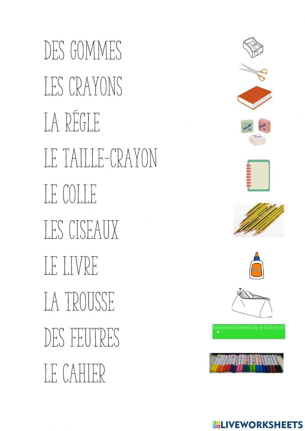 FRANÇAIS. LE MATERIEL ESCOLAIRE.