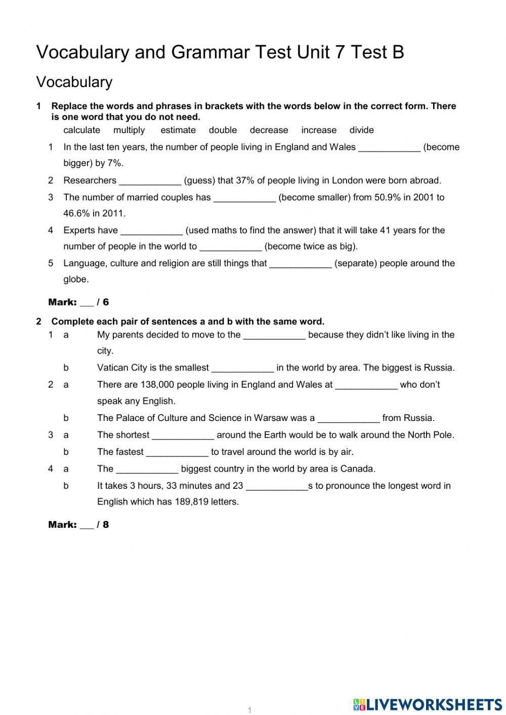 Vocabulary and grammar test Unit 7(pre-intermediate)