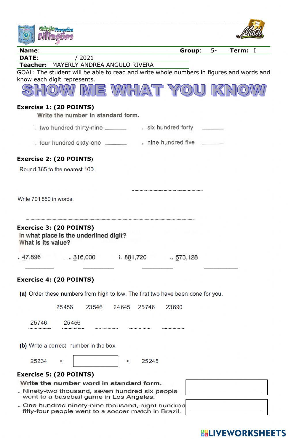 Evaluation goal 1 math worksheet Live Worksheets