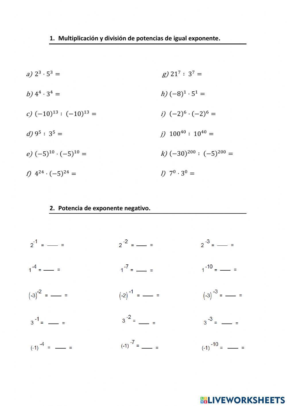 Potencias. Propiedades distinta base. Exponente negativo.