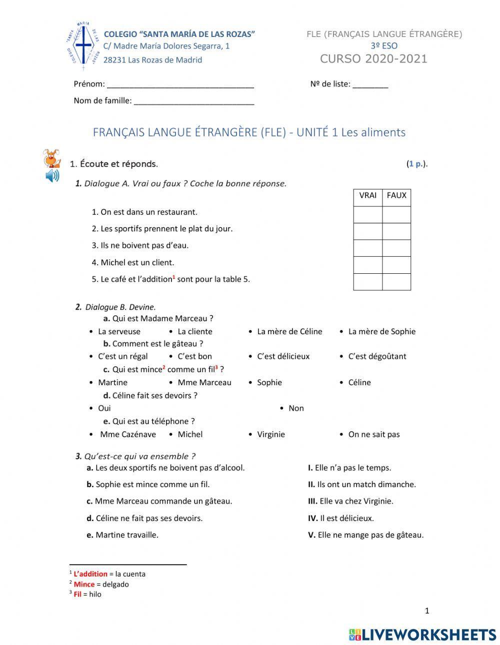 C Orale examen 3º Les aliments et la santé