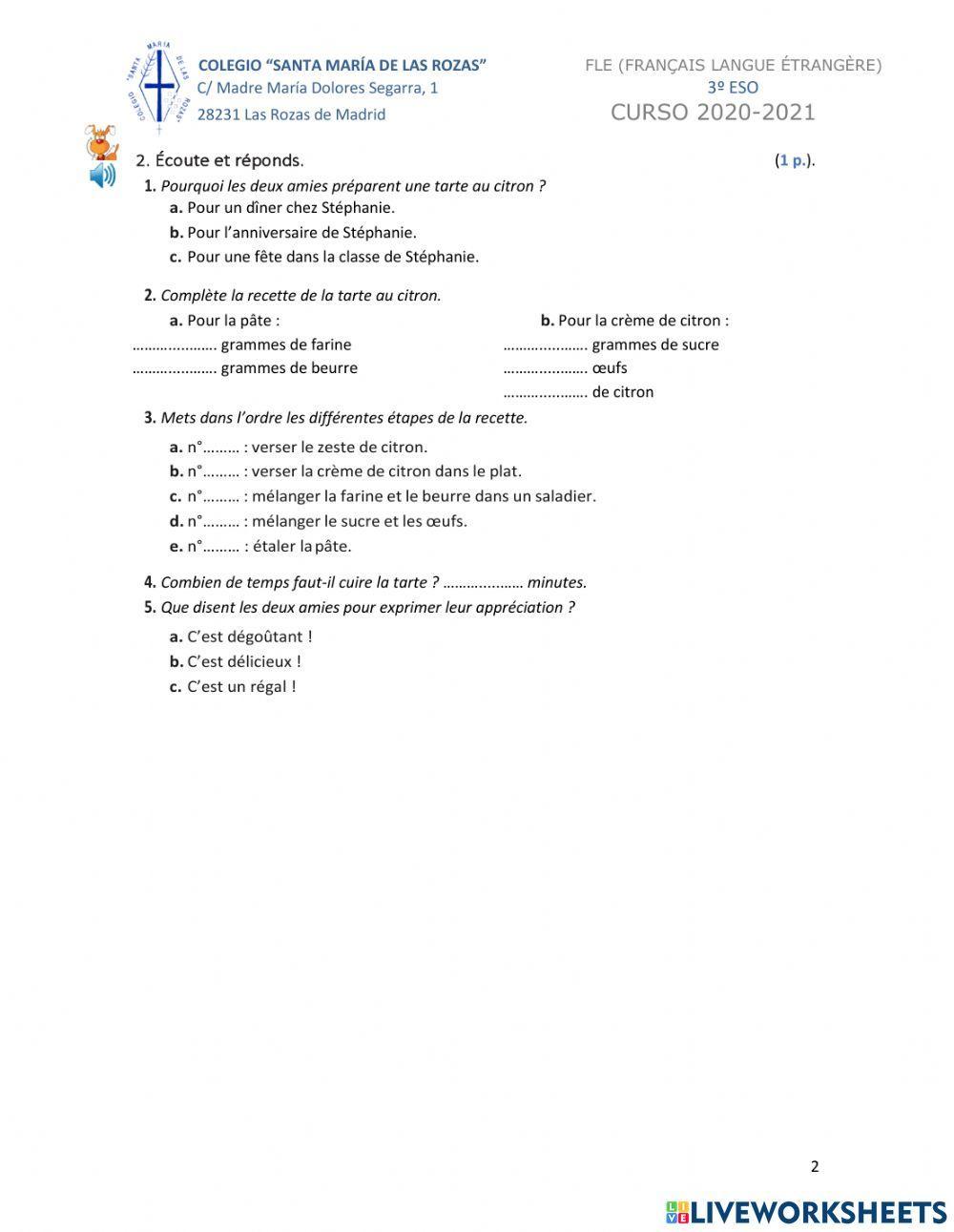 C Orale examen 3º Les aliments et la santé