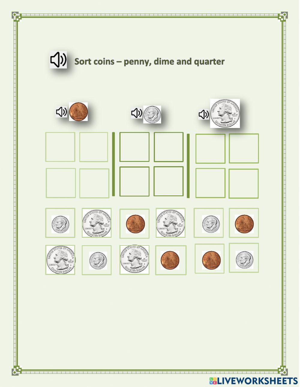 Sorting coin - penny, dime, quarter -  George