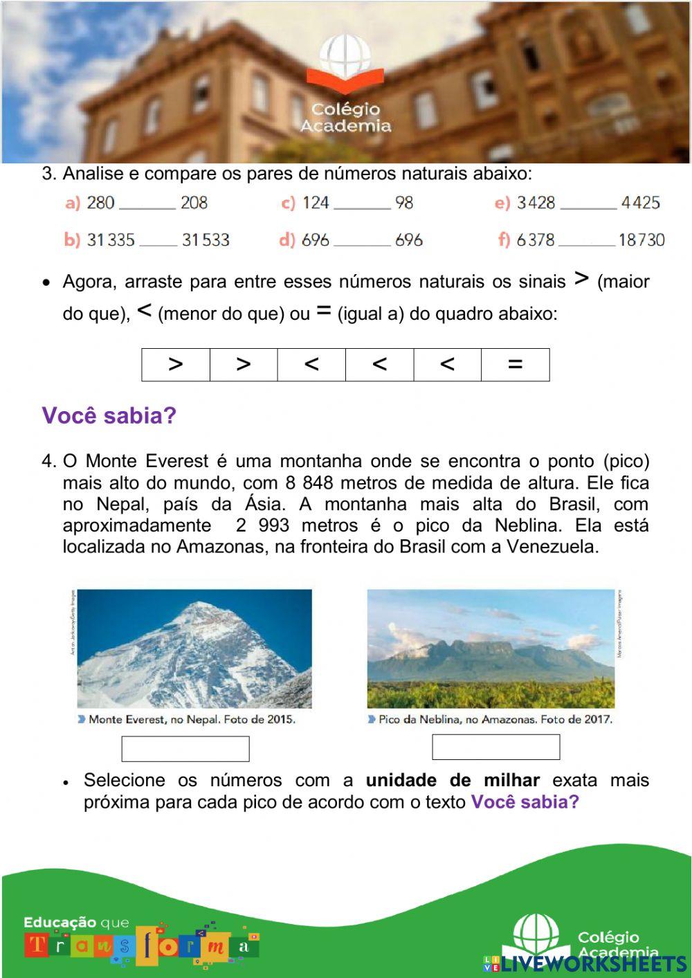 Atividade de Matemática 4º ano - Arredondamento e Comparação de Números Naturais