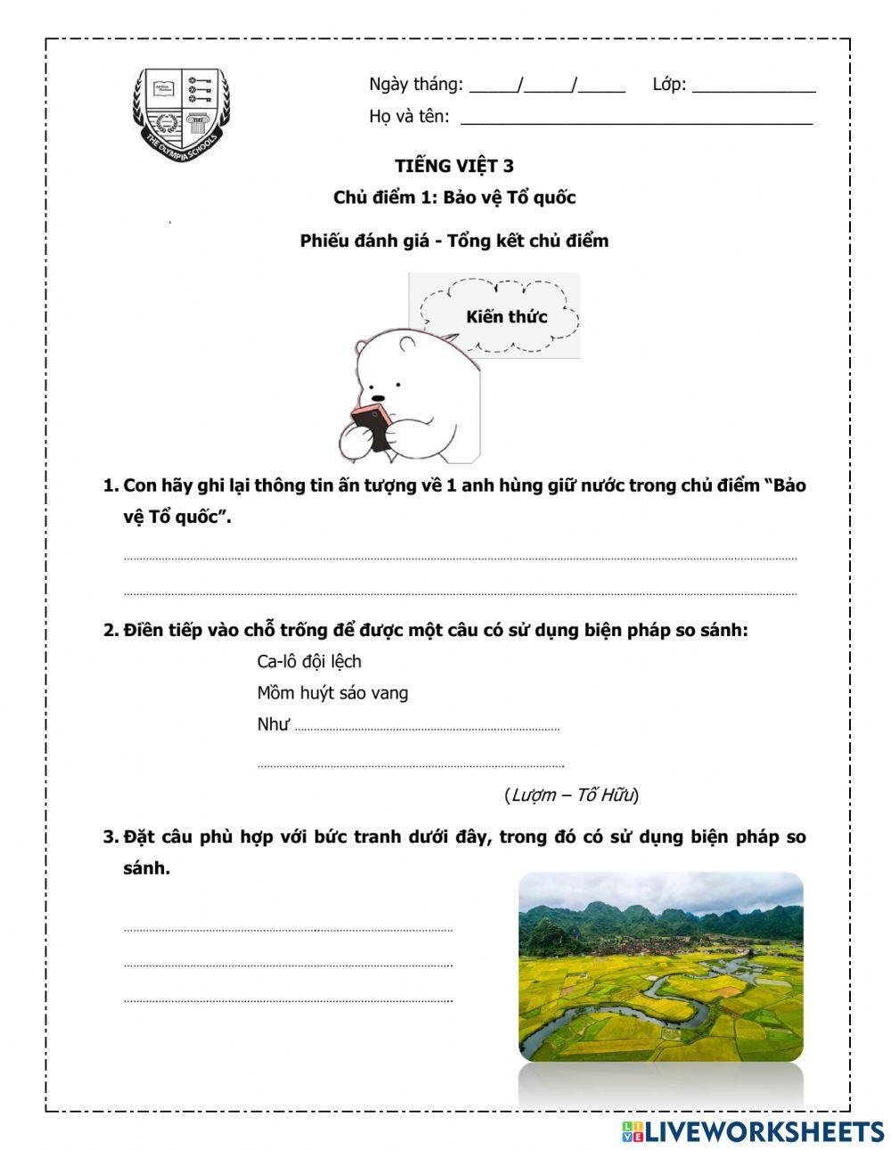Phiếu tổng kết chủ điểm 1 - Bảo vệ Tổ quốc