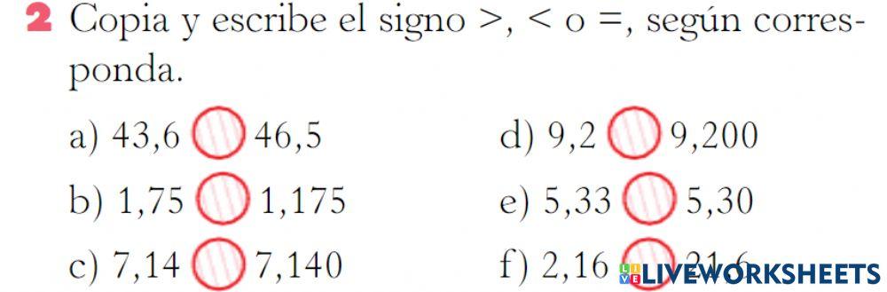 Ejercicios de mayor a menos con decimales