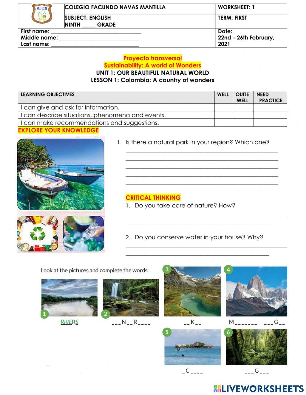 Crosscurricular project: Sustainability - Lesson 1: Colombia: A country of wonders