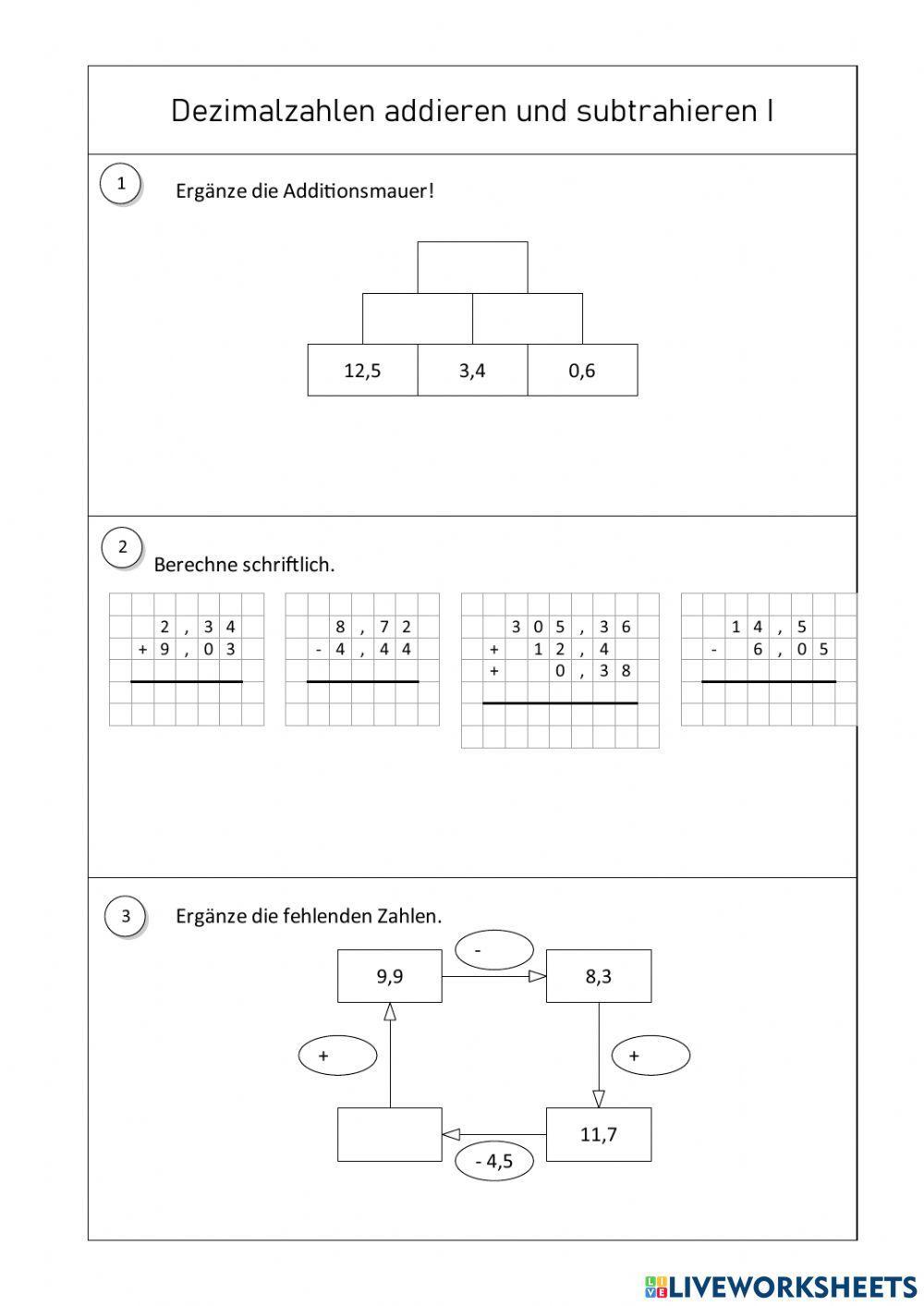 Dezimalzahlen Addieren Und Subtrahieren übungen Pdf 760415 | Dezimalzahlen addieren und subtrahieren I