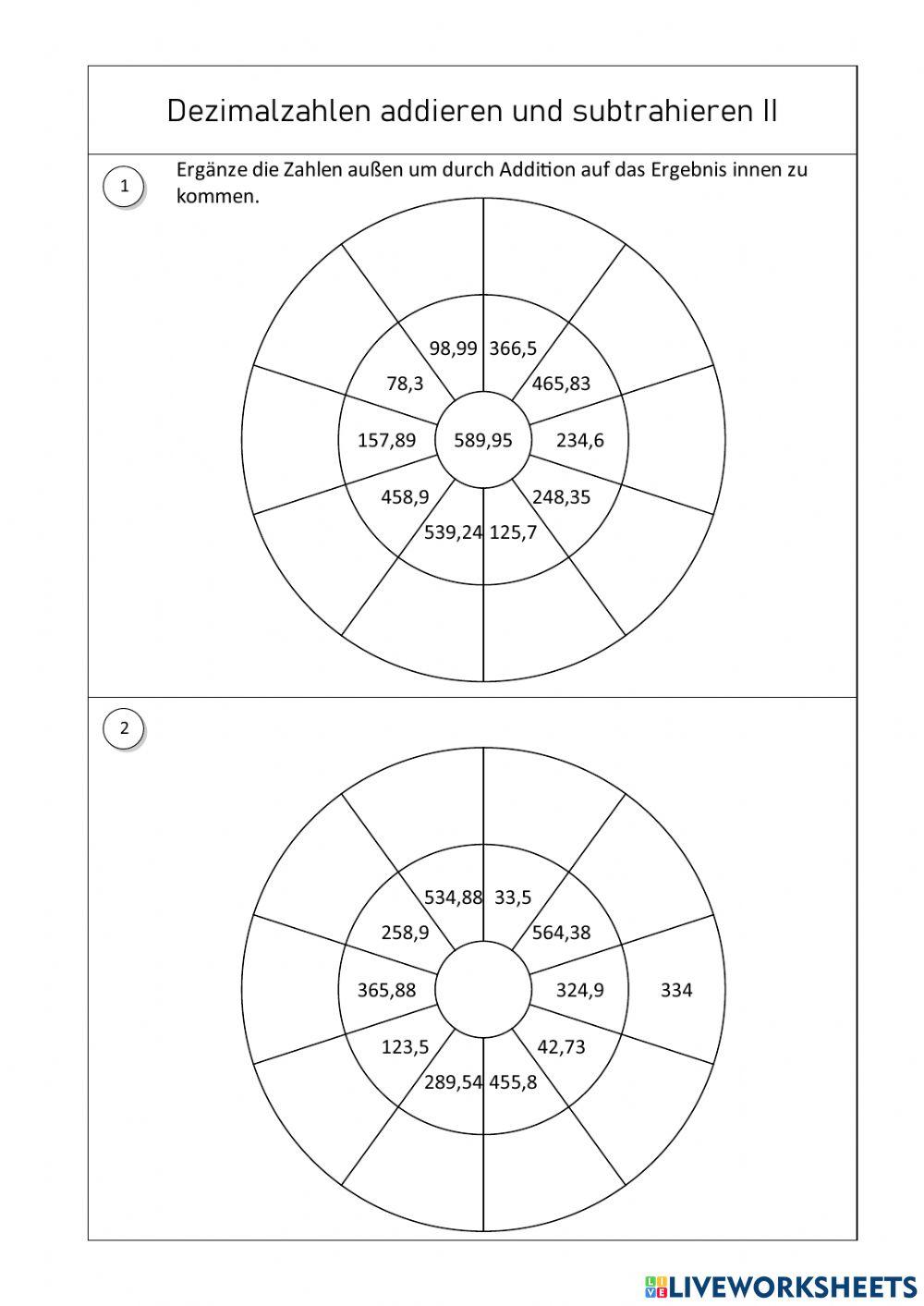 Dezimalzahlen addieren und subtrahieren ii worksheet live worksheets