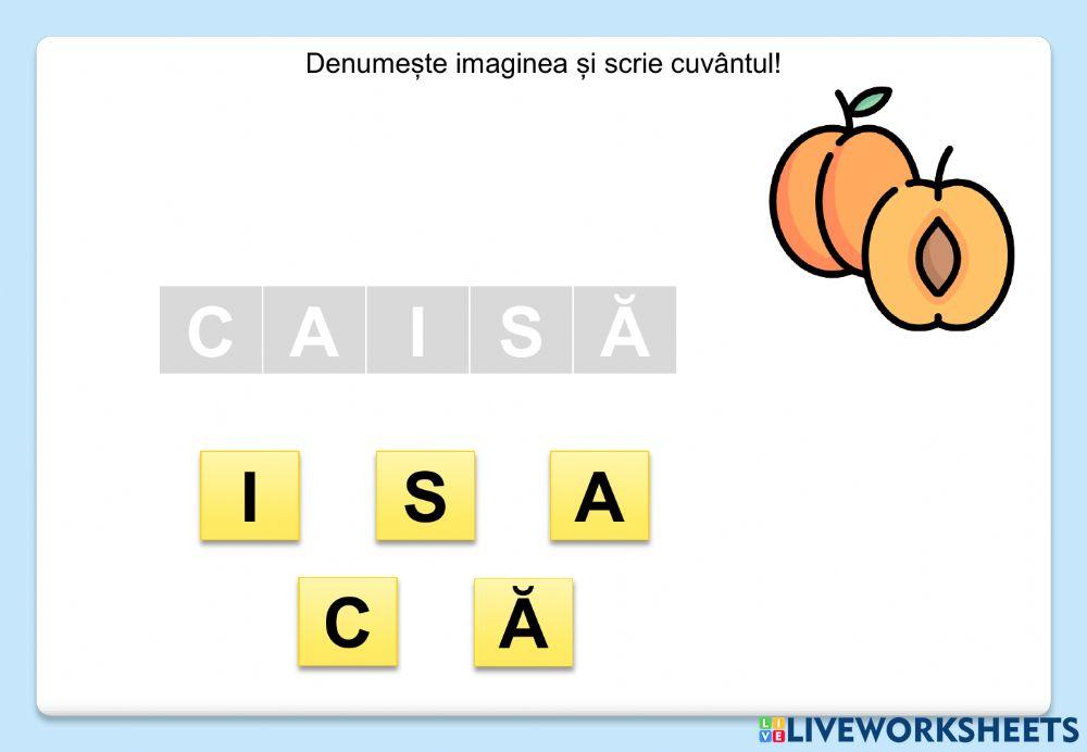Denumește imaginea și scrie cuvântul! (Fructe)