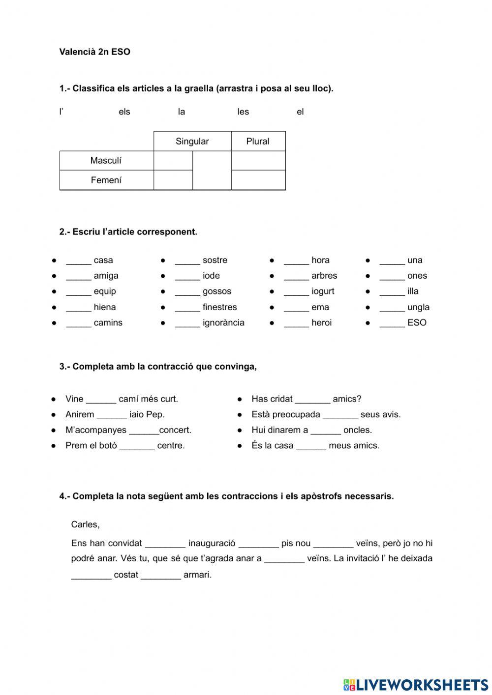 Els articles, les contraccions, l'apòstrof, el subjecte, text expositiu