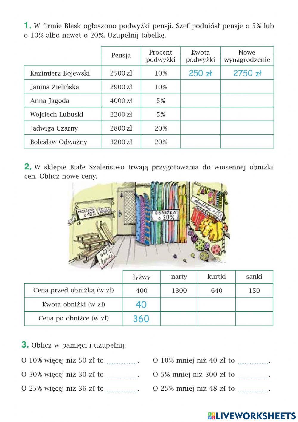 Ćwiczenia procenty str. 73 klasa 6
