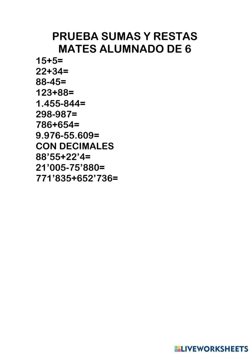 Prueba Sumas y Restas con Decimales 6 de Primaria