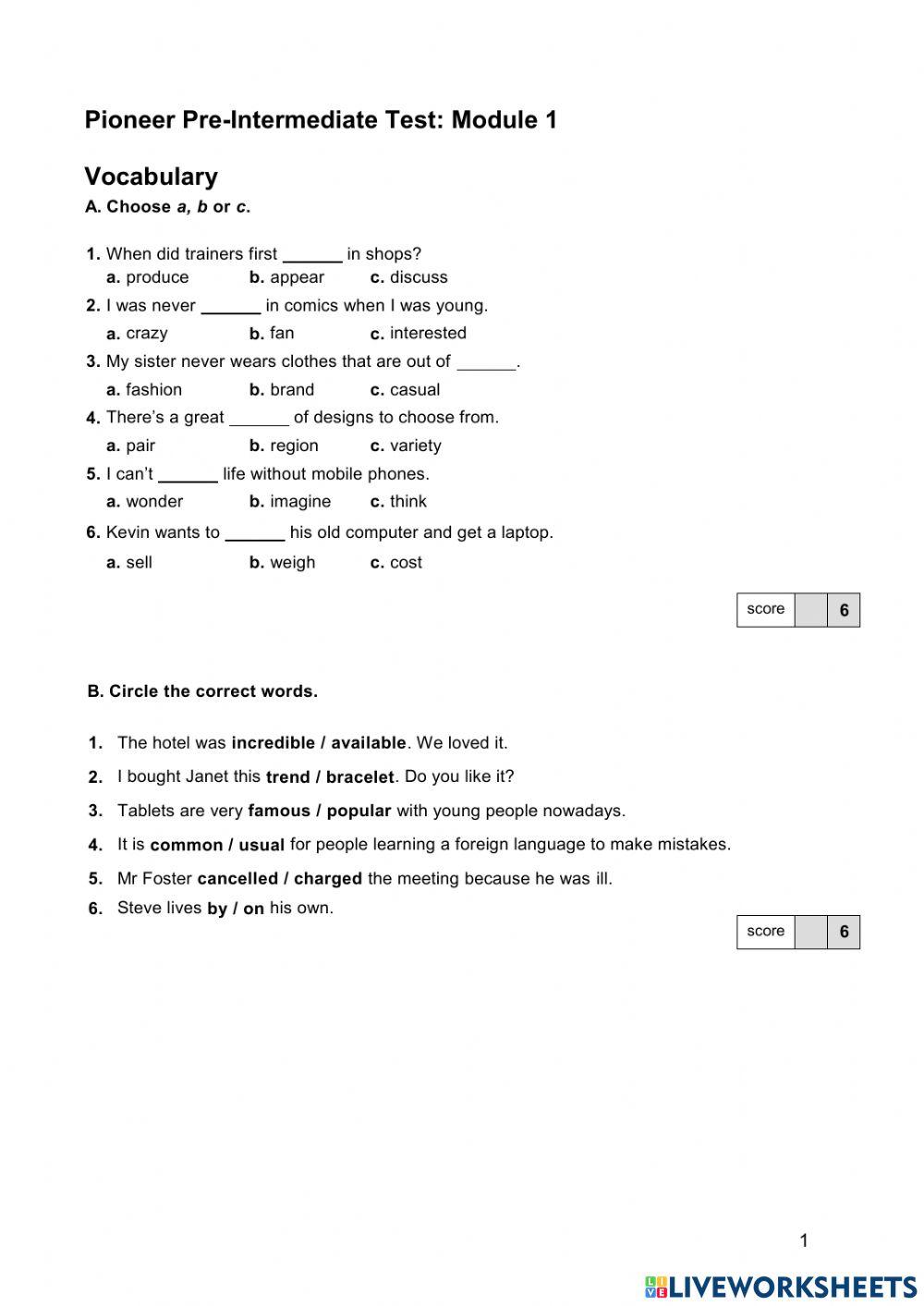 Pioneer Pre-Intermediate Module 1. Test