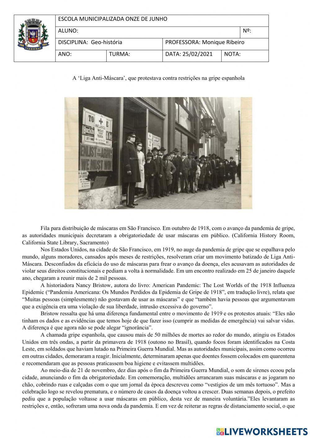 A ‘Liga Anti-Máscara na gripe espanhola