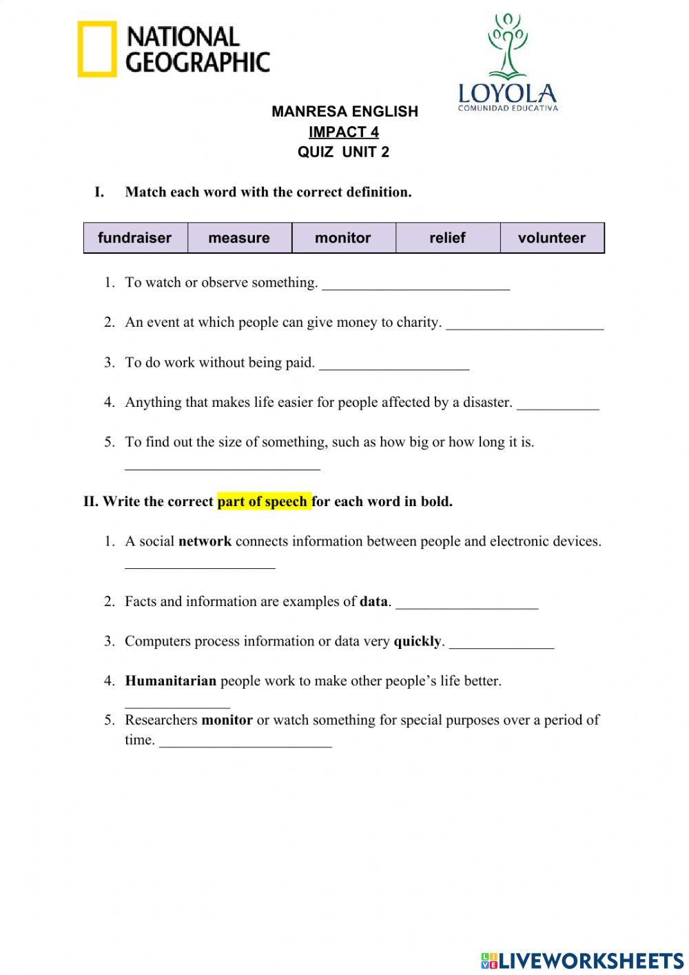 Unit 2 Quiz 4to año C online exercise for