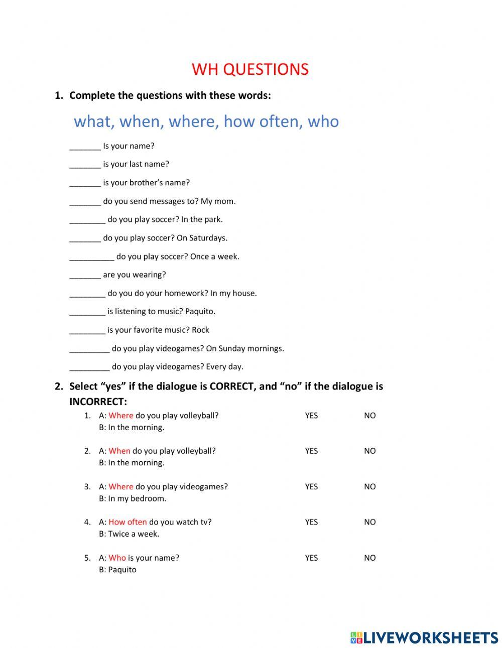 Wh questions online exercise for elemental | Live Worksheets
