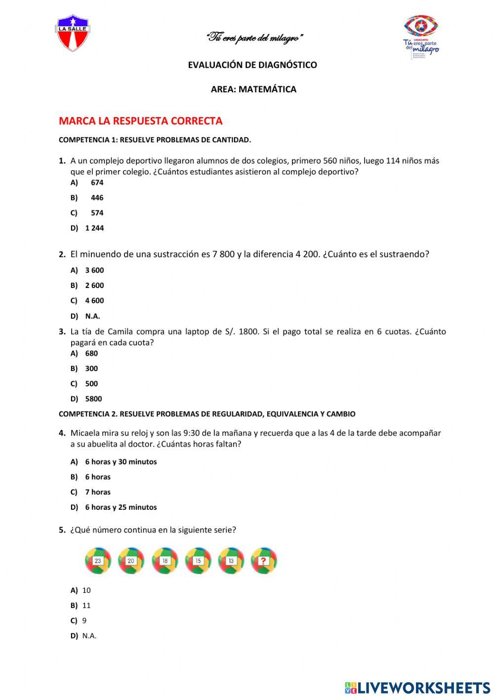 Prueba diagnostica matematica