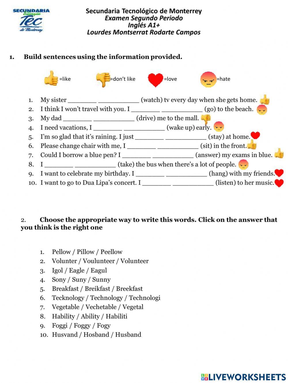 Examen de Periodo II Inglés A1+