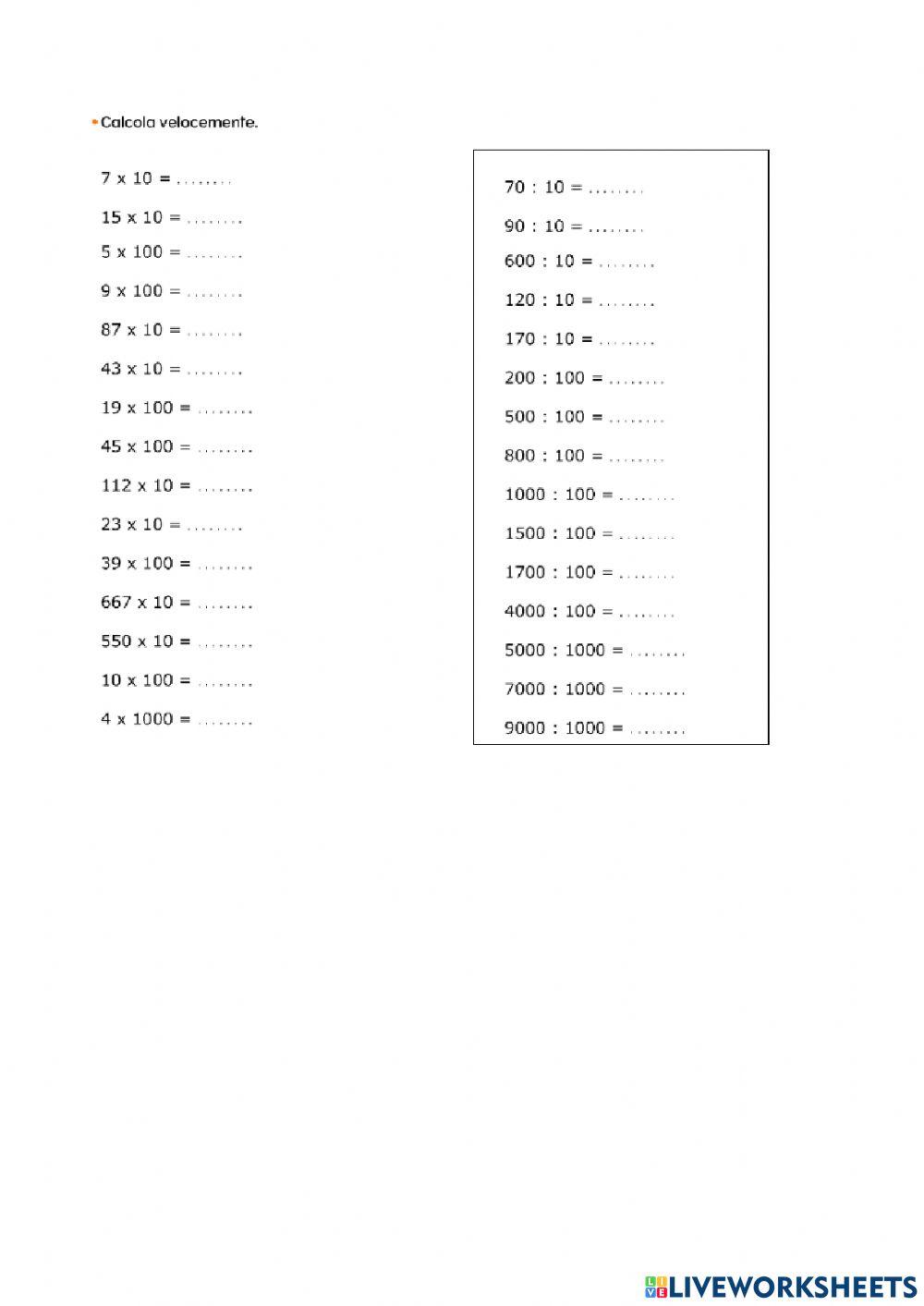 Divisioni e moltiplicazioni per 10-100-1000