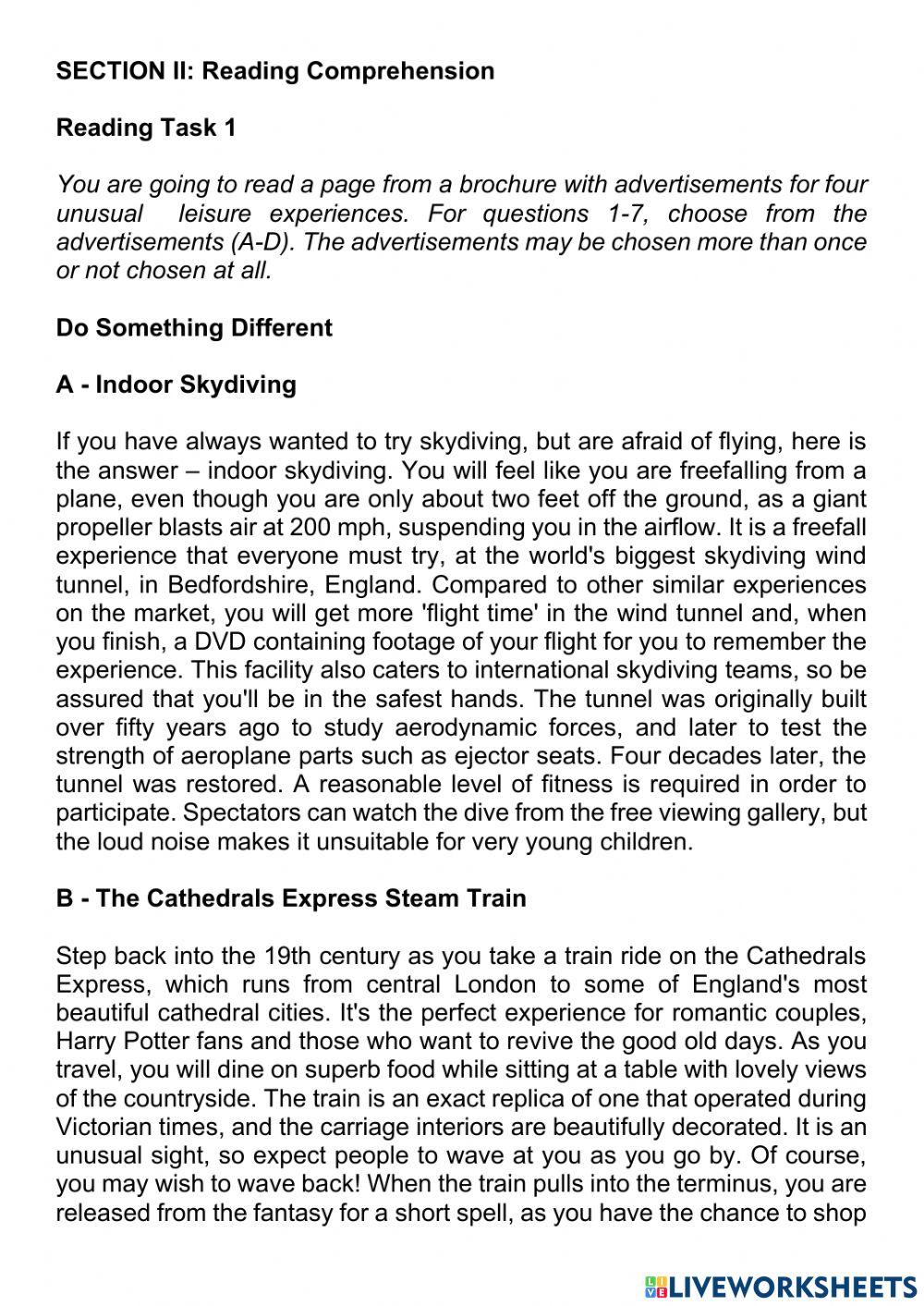 B2 Reading Exercise Live Worksheets B2 Reading Exercise Live Worksheets