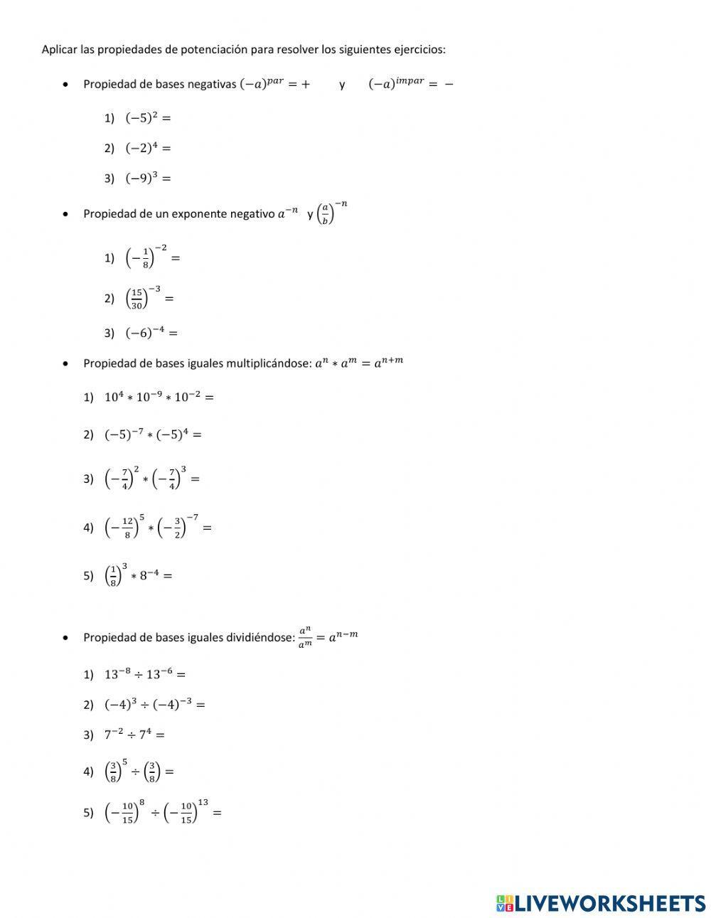 Ejercicios de potenciación