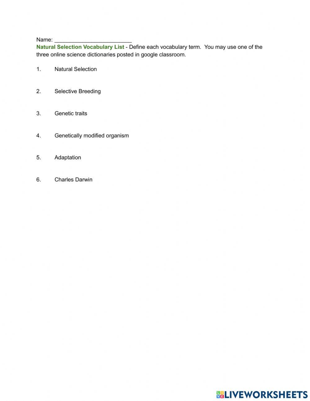 Natural Selection Vocabulary