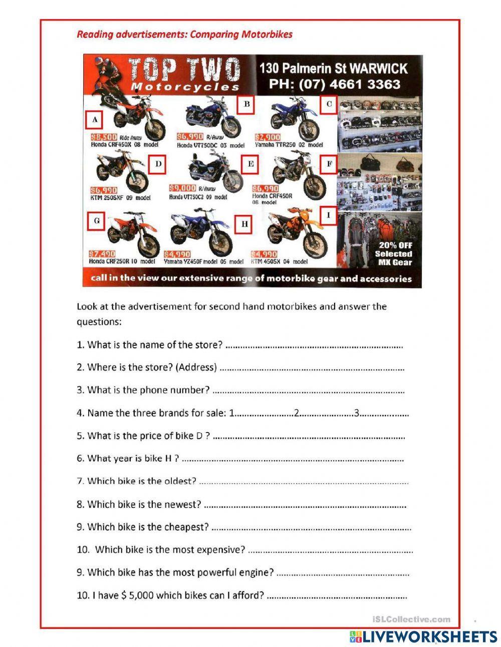 Comparing Motorcycles on an Advertisement