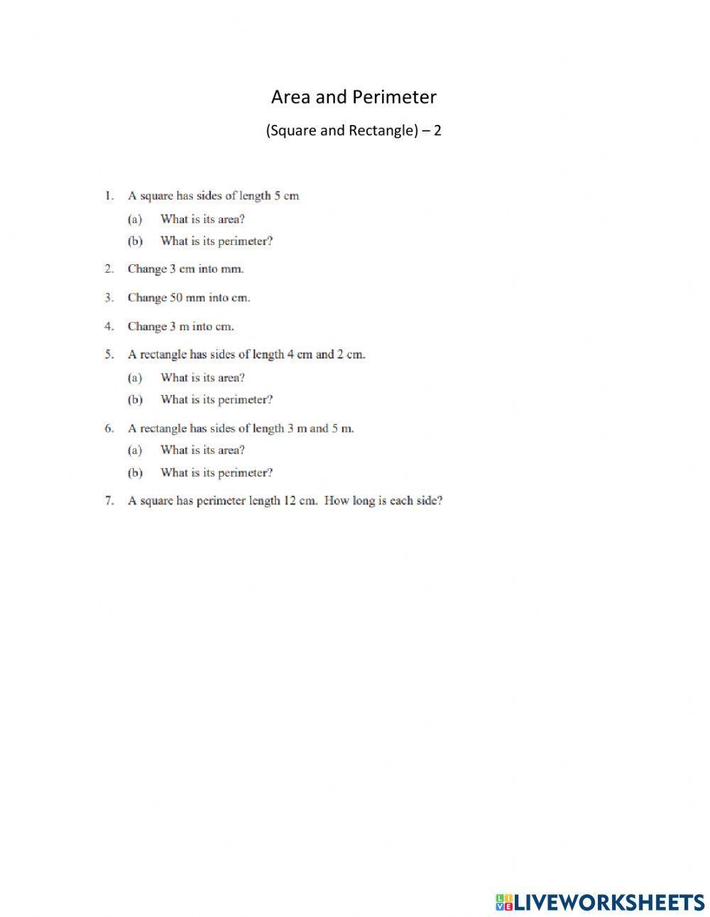 Area and Perimeter of square and rectangle Area and Perimeter of square and rectangle