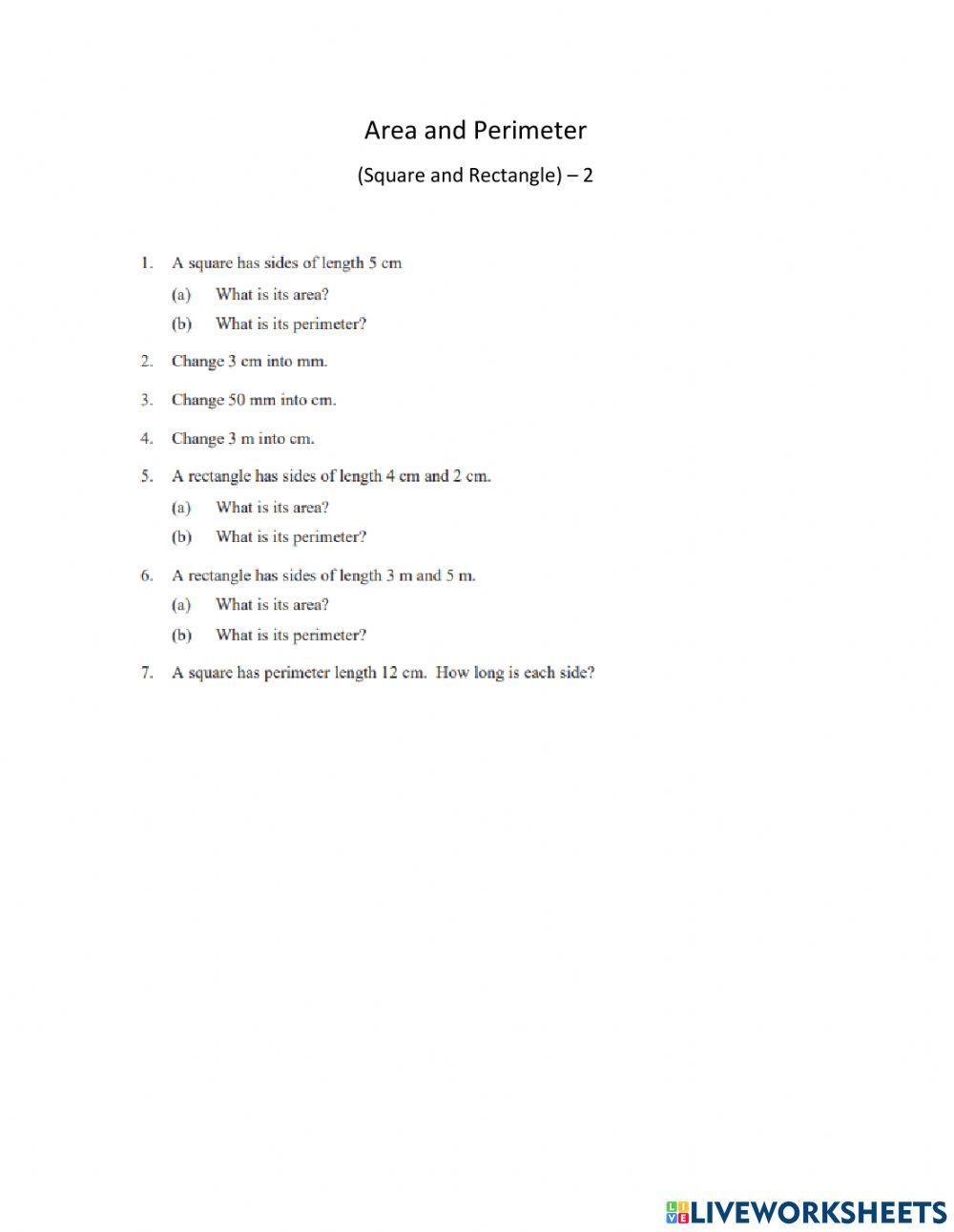 Area and Perimeter of  square and rectangle