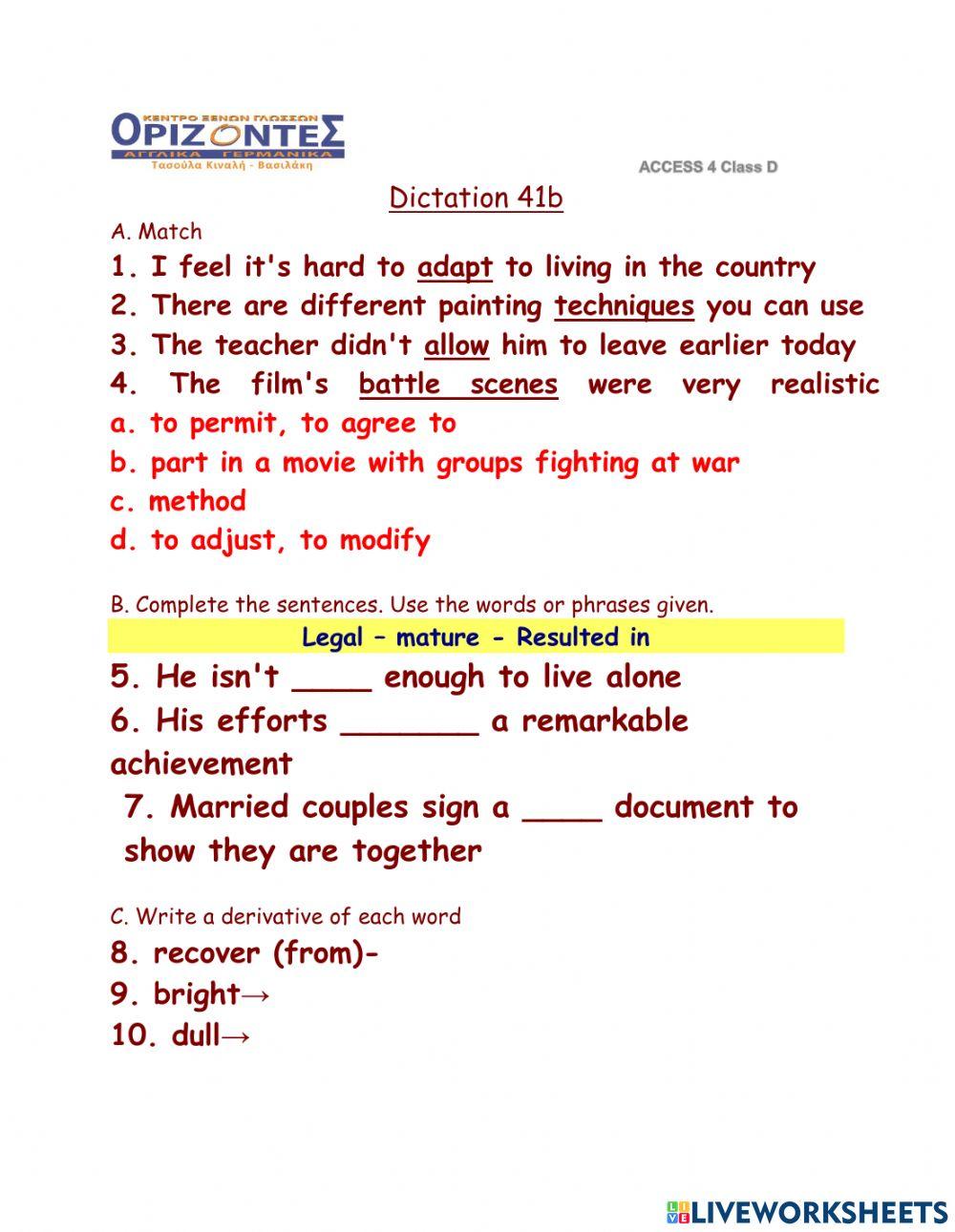 Access 4. Dictation 41 B. Class:D