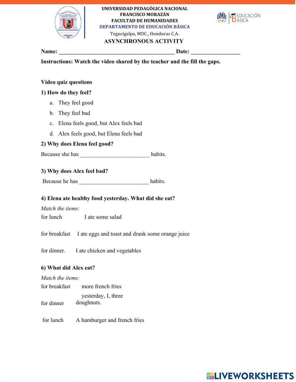 Healthy and unhealthy habits video activity