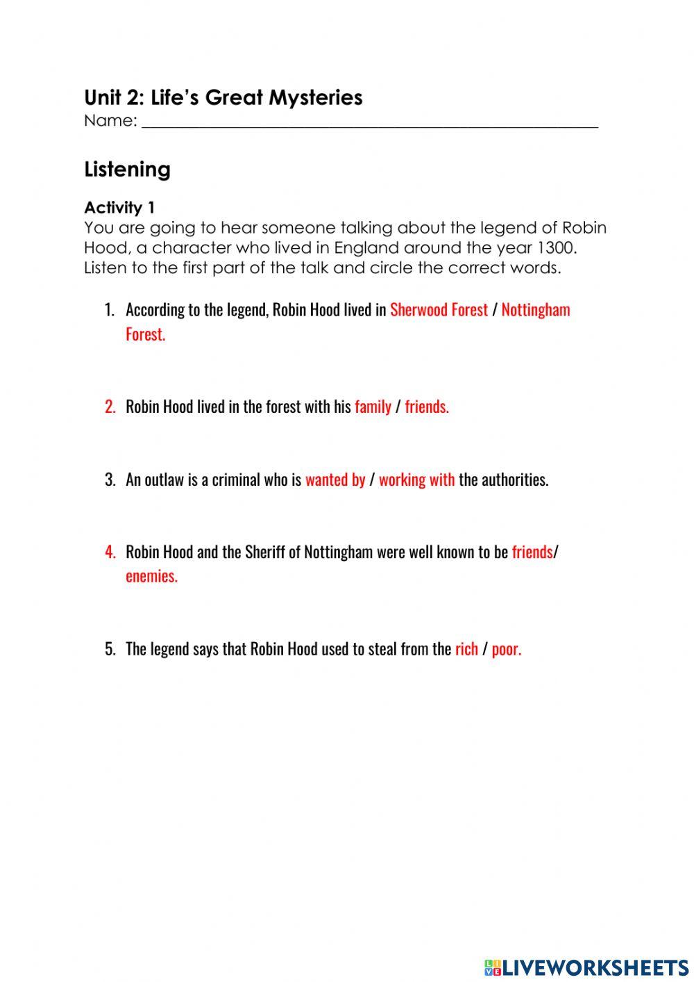 Unit 2 Life's Great Mysteries Listening Part 1