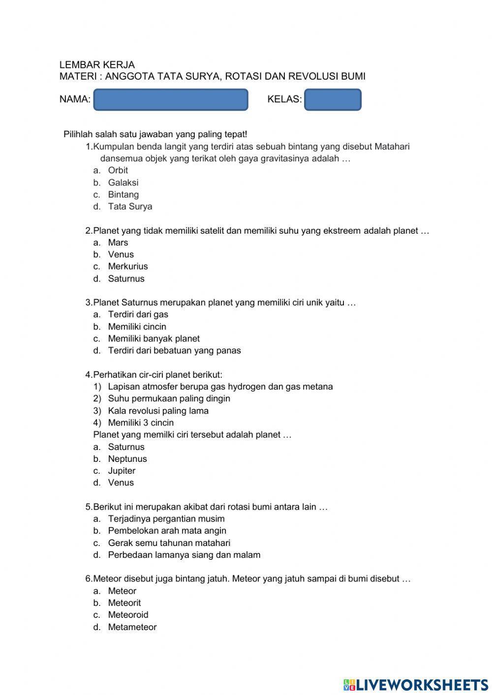 Lembar kerja tata surya rotasi dan revolusi bumi