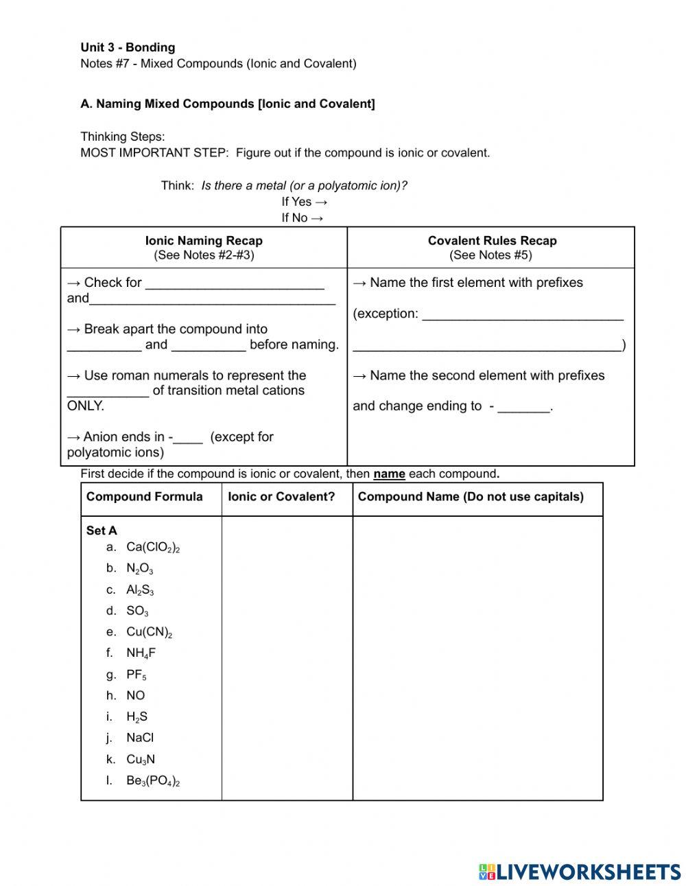 Mixed Bonding Naming and Formula Practice worksheet Live Worksheets