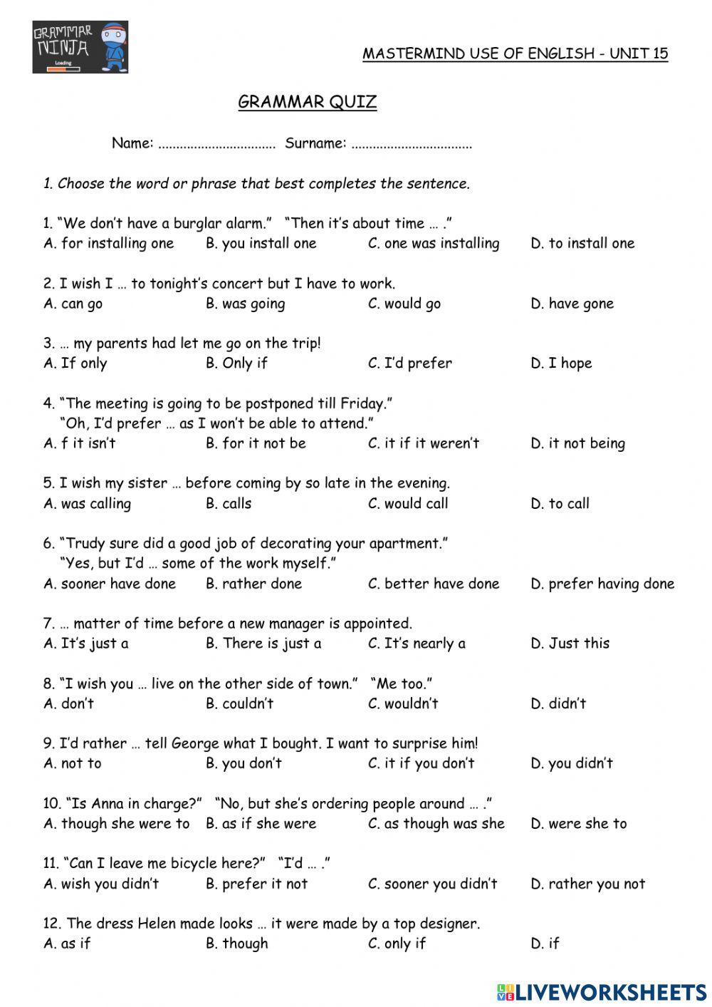 Mastermind Unit 15 GrammarTest