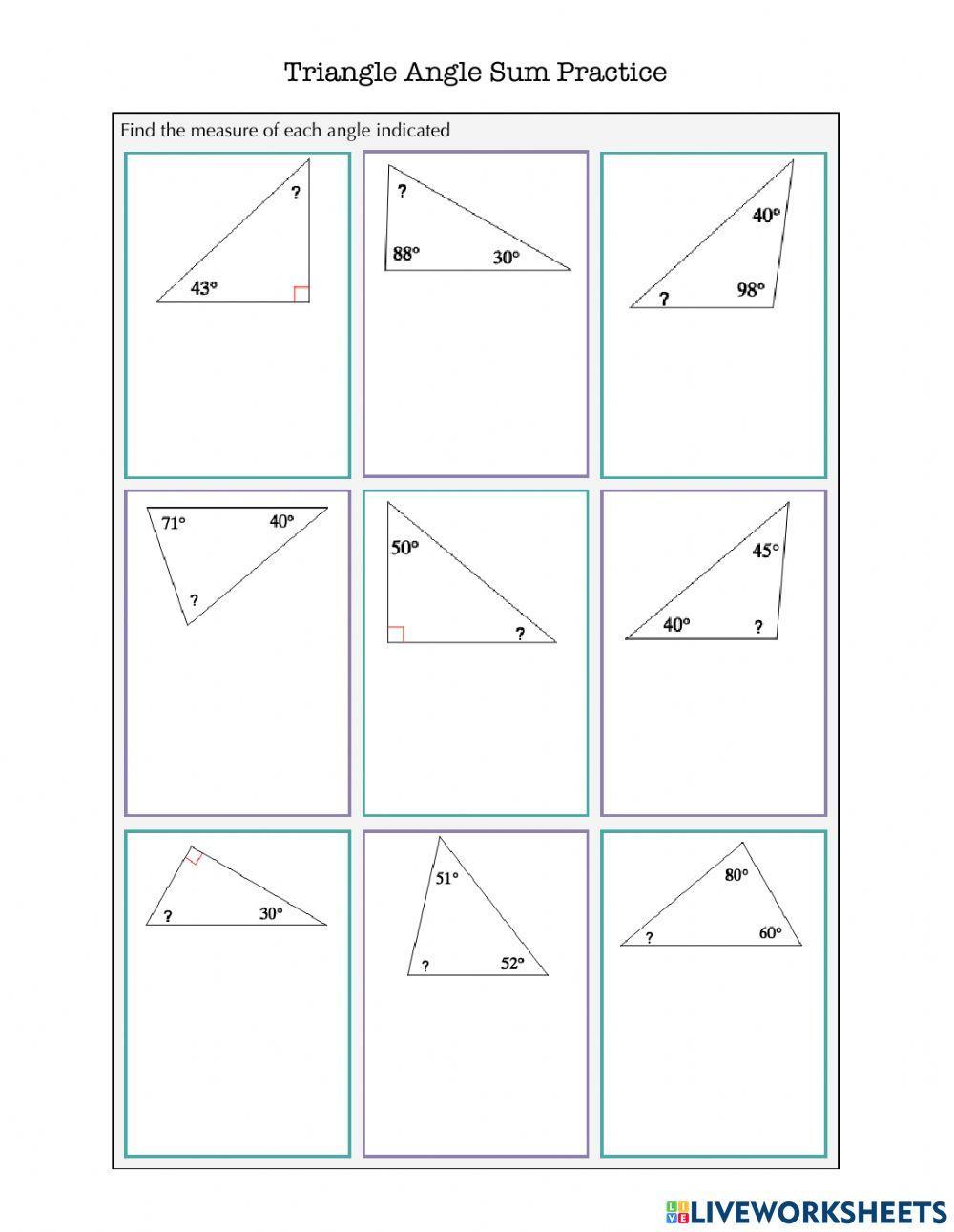 Find angles in triangles (practice)