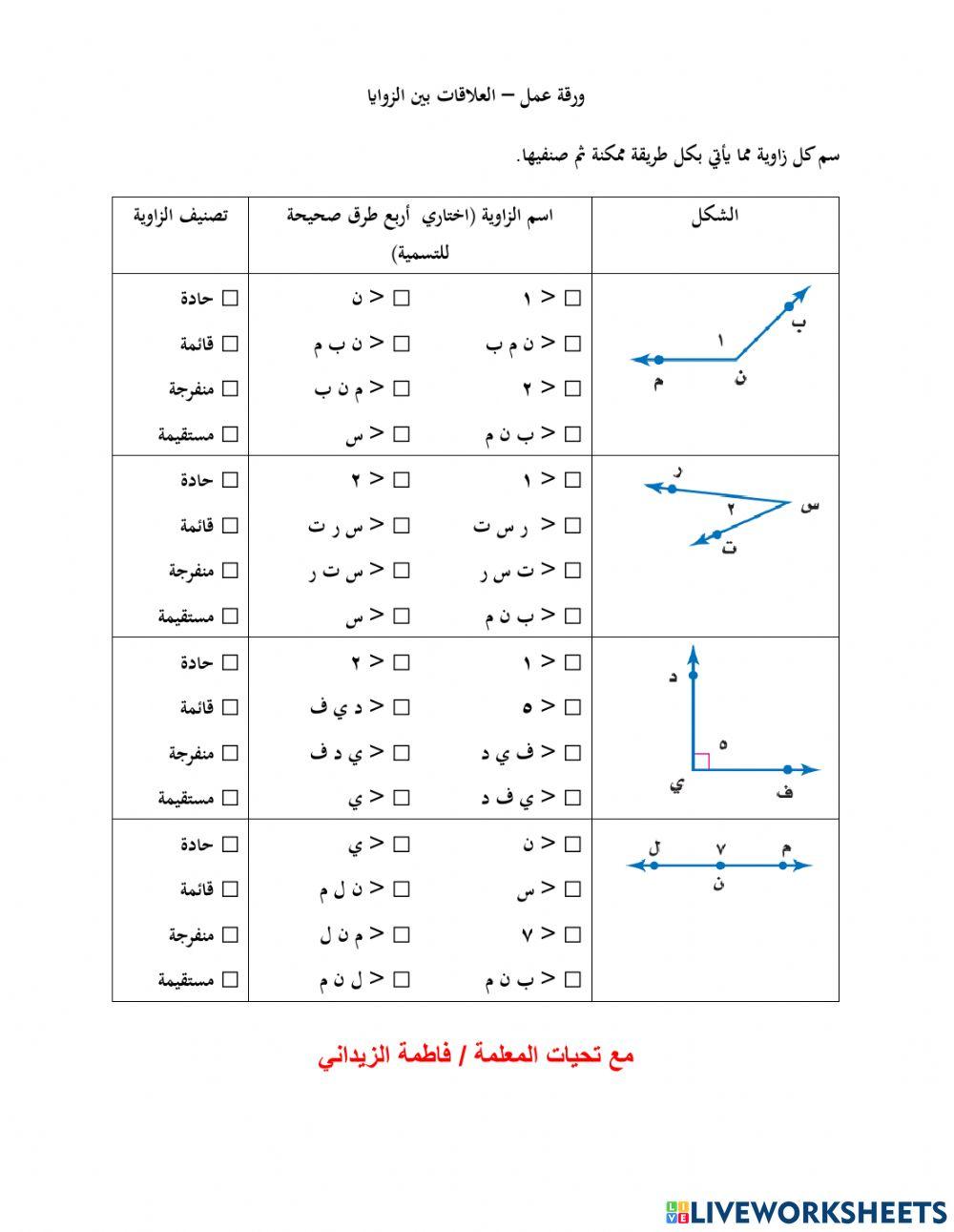 ورقة عمل - العلاقات بين الزوايا