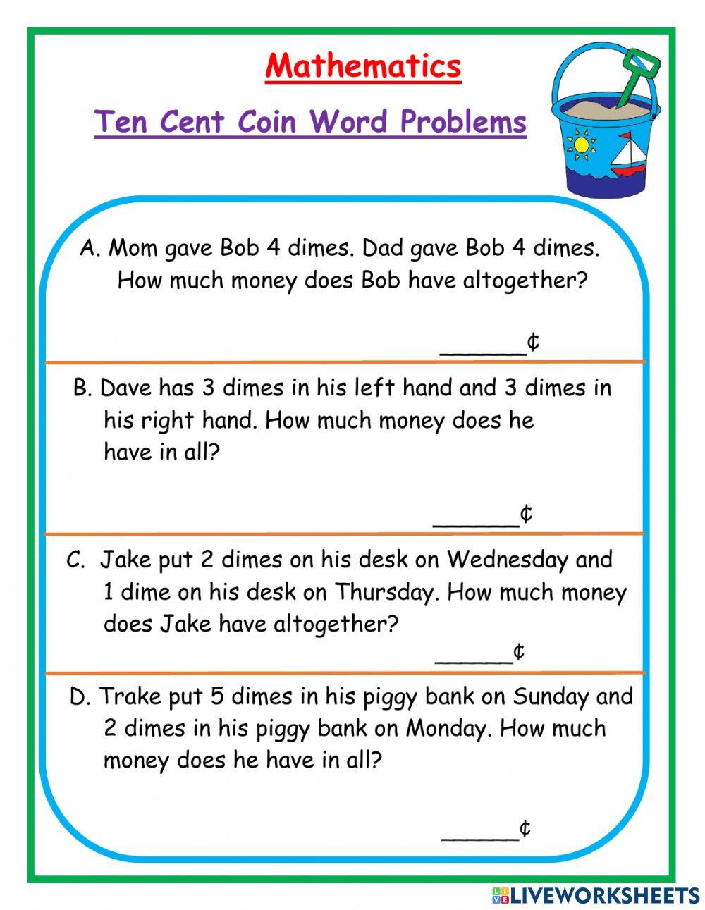 Word problem counting ten cent coins green hw worksheet live worksheets